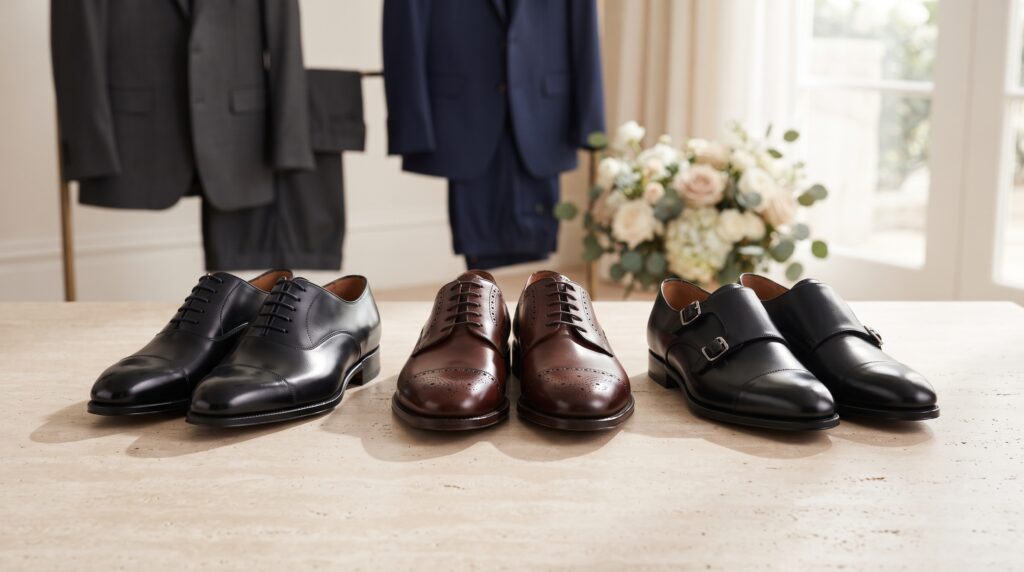 Black Oxford shoes, brown Derby shoes, and black monk strap shoes for wedding outfits.