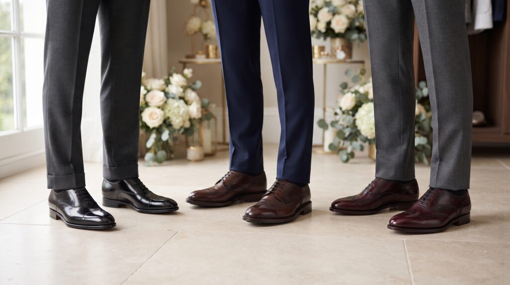 Black, brown, and burgundy leather shoes paired with matching formal suit trousers.